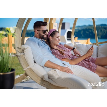 Dvivietis medinis pakabinamas krėslas su stovu SWING POD XL + kreminės spalvos pagalvė
