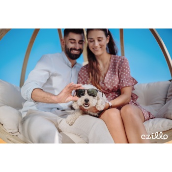 Dvivietis medinis pakabinamas krėslas su stovu SWING POD XL + kreminės spalvos pagalvė