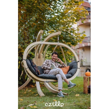 Dvivietis medinis pakabinamas krėslas su stovu SWING POD XL + grafito spalvos pagalvė