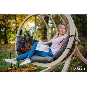 Dvivietis medinis pakabinamas krėslas su stovu SWING POD XL + grafito spalvos pagalvė