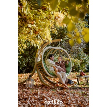 Dvivietis medinis pakabinamas krėslas su stovu SWING POD XL + žalios spalvos pagalvė