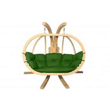 Dvivietis medinis pakabinamas krėslas su stovu SWING POD XL + žalios spalvos pagalvė