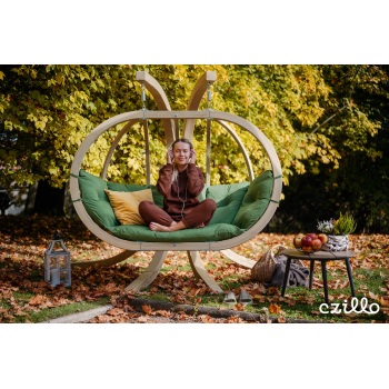 Dvivietis medinis pakabinamas krėslas su stovu SWING POD XL + žalios spalvos pagalvė