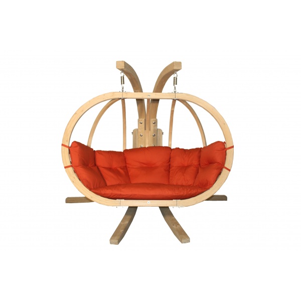 Dvivietis medinis pakabinamas krėslas su stovu SWING POD XL + raudonos spalvos pagalvė Dvivietis medinis pakabinamas krėslas su stovu SWING POD XL + raudonos spalvos pagalvė