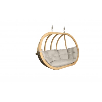 Dvivietis medinis pakabinamas krėslas SWING POD XL su kreminės spalvos pagalve (be stovo)
